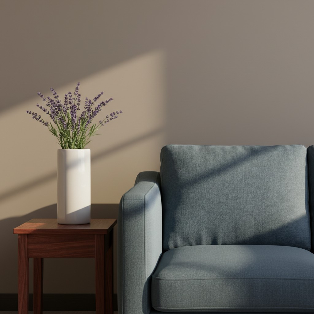 A chair beside a table with a vase of lavender sitting on the table. The vio petals of the lavender make the scene almost ...