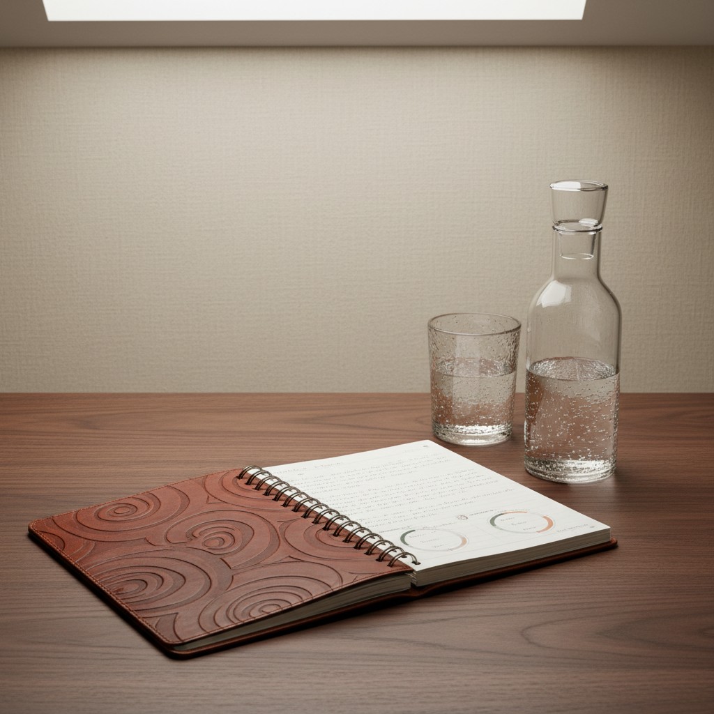 A room with a brown wooden table or desk. It's daylight and the light is coming from overhead. An open, spiral bound noteb...