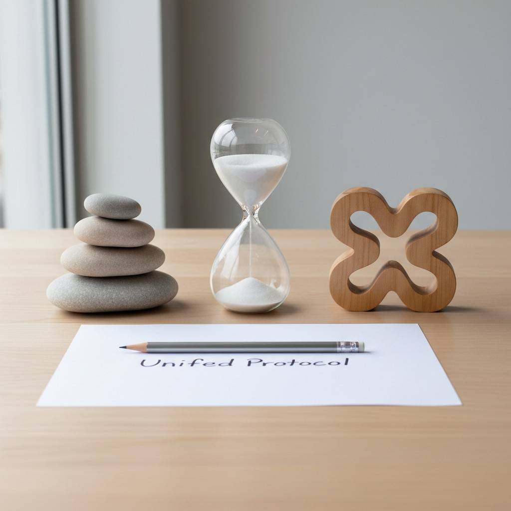 A minimalist wooden table features a collection of objects, including a stack of light gray rocks, a clear hourglass with ...